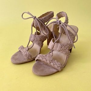 Braided open toe block heels with laces